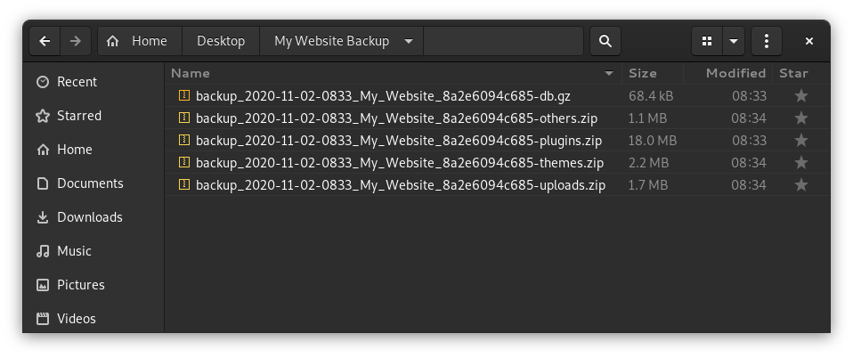 The contents of a WordPress backup in Updraft