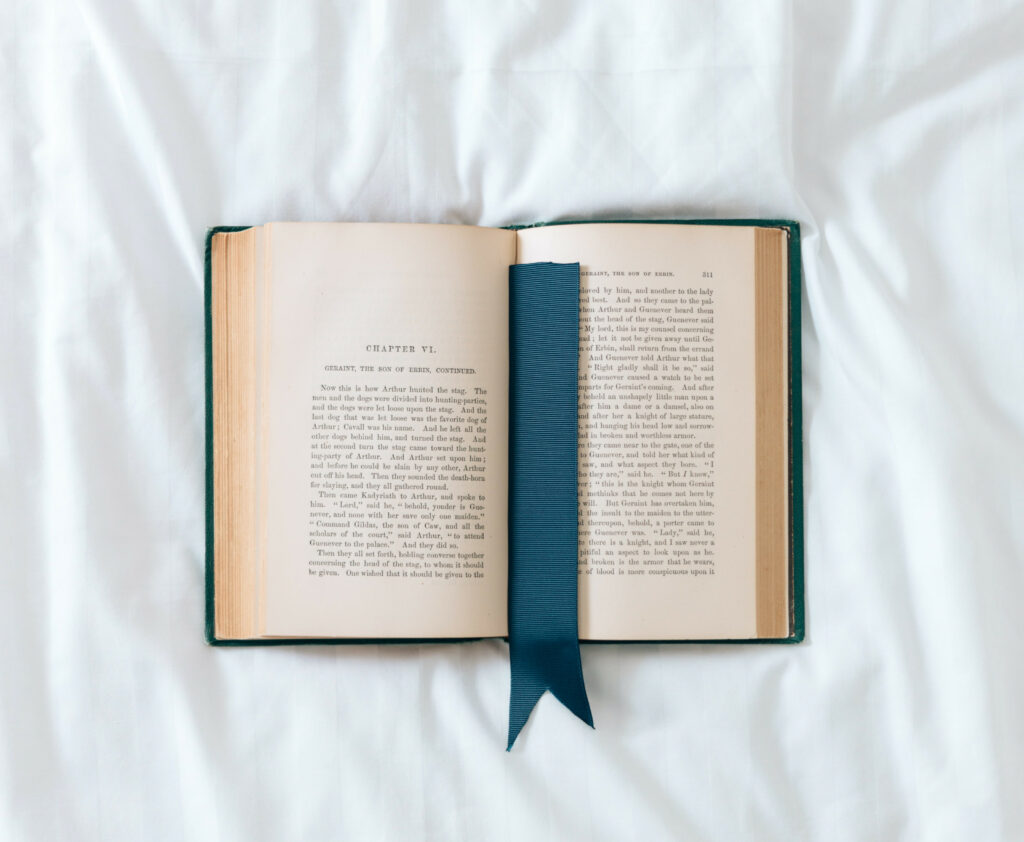 book with a blue bookmark