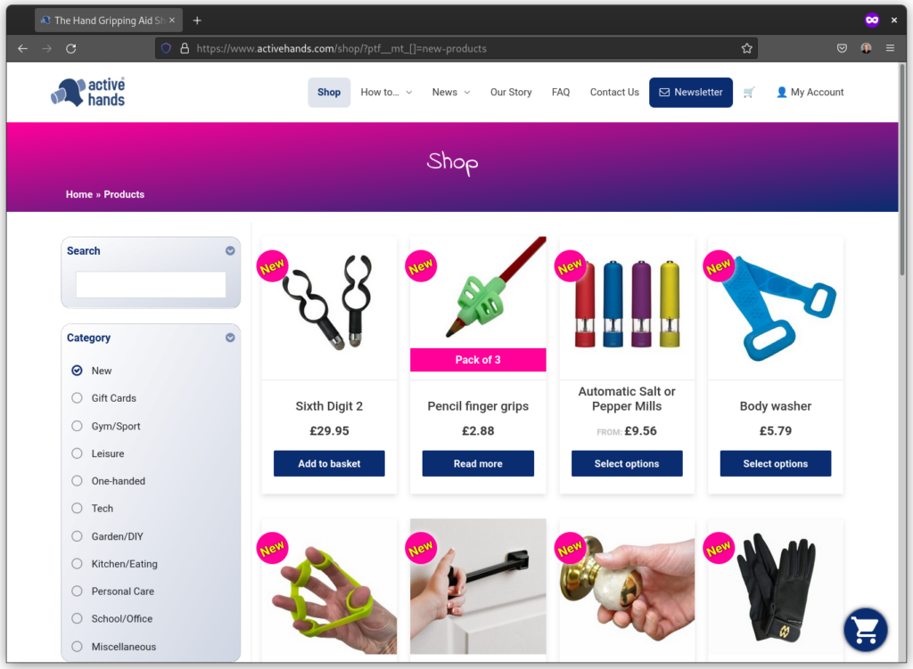 WooCommerce product overlay badges on the Active Hands website