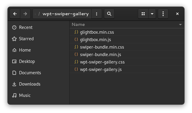 Asset file list for the WordPress Swiper tutorial