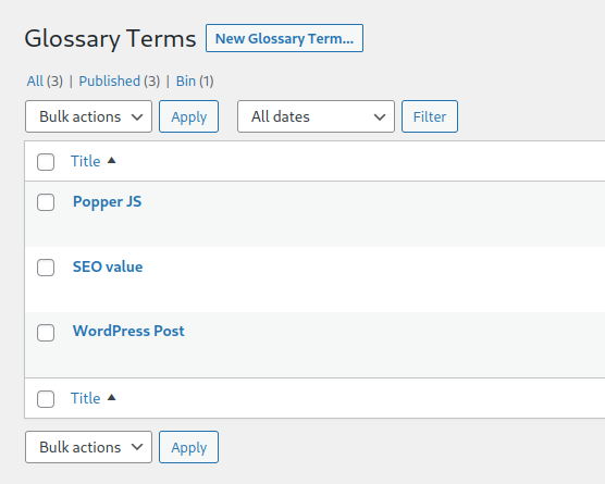 List of Glossary Terms in the WordPress admin area