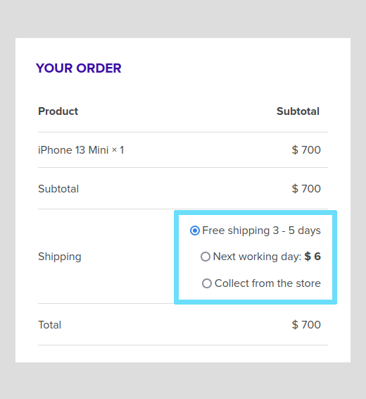 The standard WooCommerce shipping method options