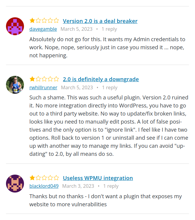 Bad reviews for Broken Link Checker 2.0