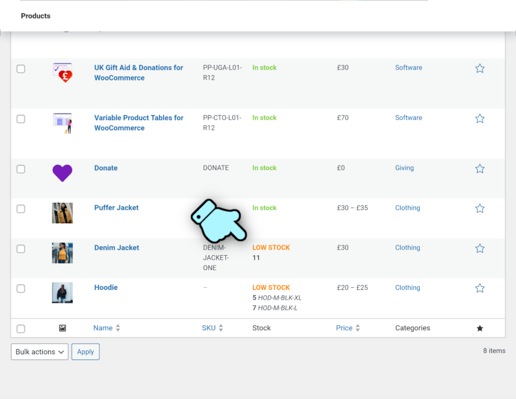 WooCommerce product admin table showing low stock